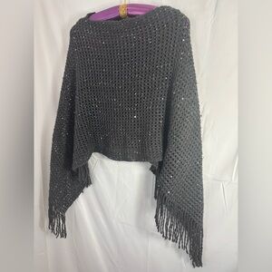 Y2K Charcoal Grey Boho Gypsy Sequin Fringe Fairy Grunge Poncho Women’s Size M